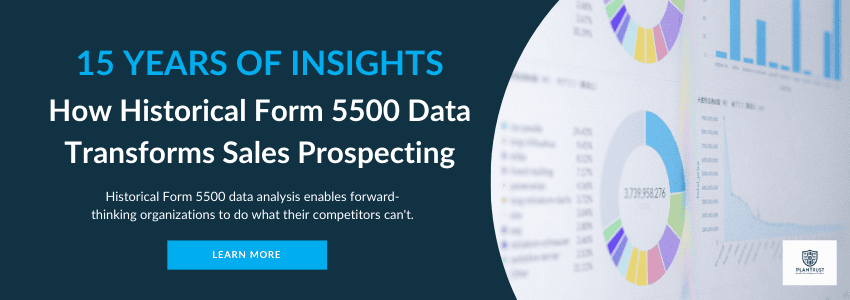 Historical Form 5500 data analysis dashboard showing sales prospecting insights with charts, graphs, and 15-year trend visualization