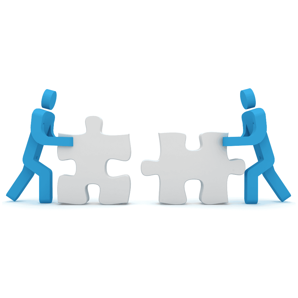 Two blue figurines collaborating to connect large white puzzle pieces, symbolizing strategic broker partnerships and data-driven insurance carrier collaboration for optimized market outreach