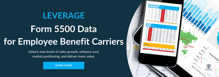 Form 5500 Data analytics banner featuring a smartphone displaying employee benefit carrier statistics, financial charts and graphs,