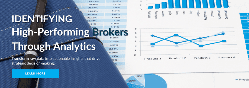 Business analytics banner showing performance graphs and charts for broker evaluation, featuring line graphs, bar charts, and percentage data.