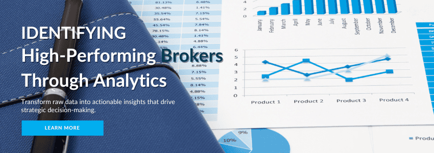 Business analytics banner showing performance graphs and charts for broker evaluation, featuring line graphs, bar charts, and percentage data.