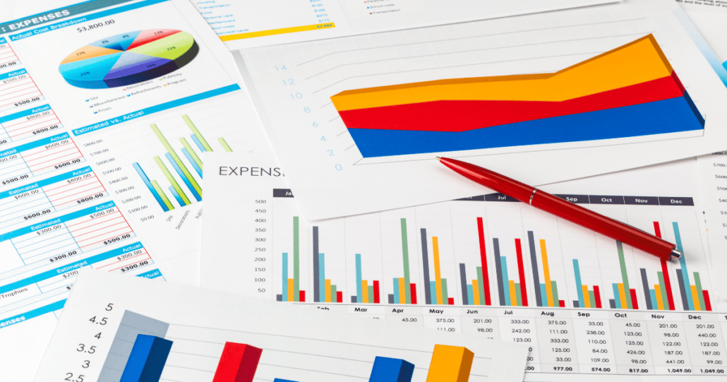 Historical Form 5500 data analysis reports showing colorful expense charts, pie graphs, and trend analysis with monthly breakdown.