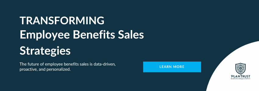Modern dark blue banner featuring 'Transforming Employee Benefits Sales Strategies' headline with PlanTrust logo - data-driven sales solutions for benefit carriers and vendors