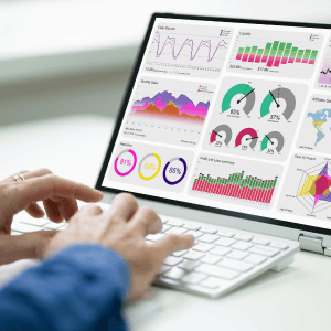 Data analytics dashboard displaying employee benefits trends through Power BI charts, graphs, and visualizations for informed decision-making in benefits sales.