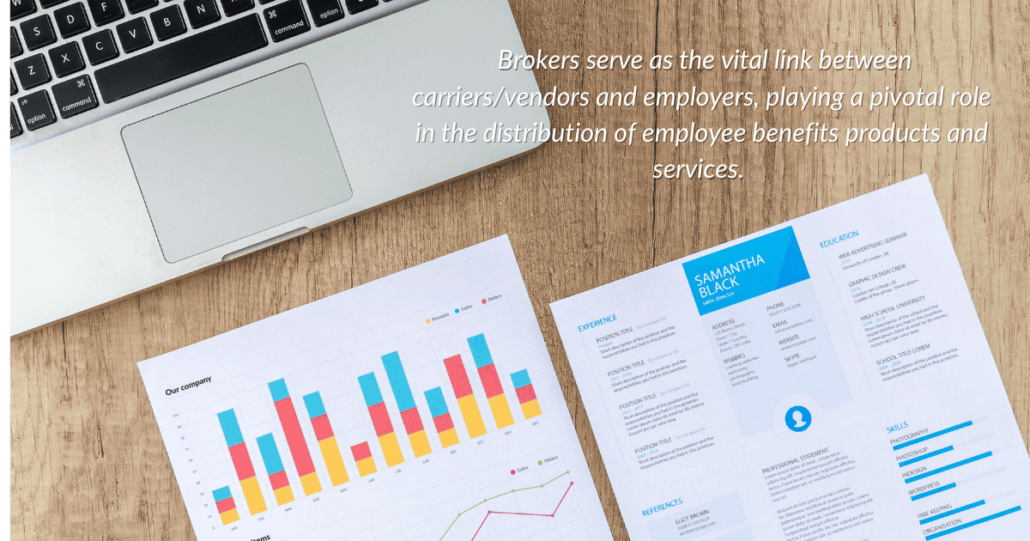 Employee benefits broker analytics dashboard showing multicolored bar graphs and line charts next to a professional resume template on wooden desk with laptop keyboard, illustrating the vital role of insurance brokers in benefits distribution